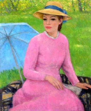 Lady in Pink with a Blue Parasol