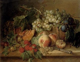 Grapes, plums, peaches, raspberries, gooseberries and a pumpkin on a marble ledge