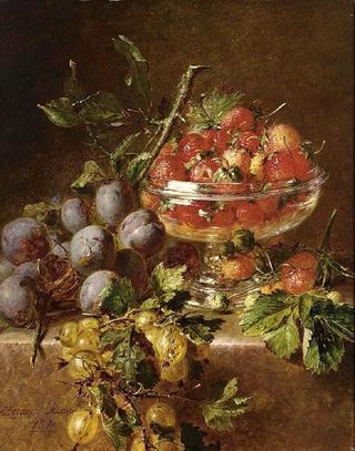 A still life with prunes, gooseberries and strawberries in a bowl