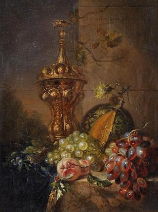 Still life with grapes, pumpkin and peach