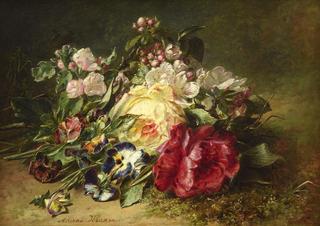 A still life with apple, blossom, roses and violets on a forest floor