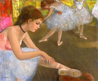 Eugénie Lacing Her Pink Ballet Shoes