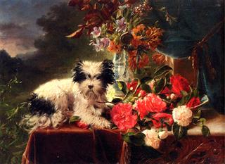 Camellias and a terrier on a console