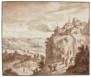 Landscape with a hilltop castle firing a cannon