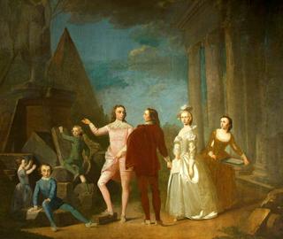 谢林顿·达文波特的七个孩子，穿着戏服，在罗马废墟的舞台上素描