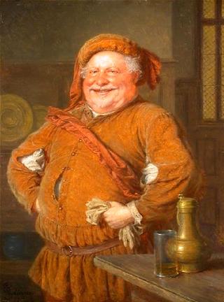 Falstaff with a glove, tin can and wine glass