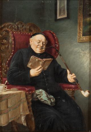 Priest smoking pipe and reading in an armchair