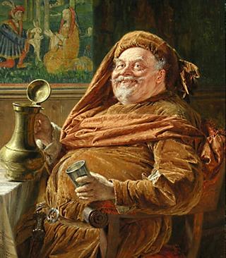 Falstaff with a big wine jar and cup