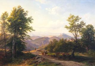 Shepherd Herding Cattle Over Mountain Pass