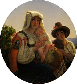 Italian Mother with Toddler and Boy in a Landscape