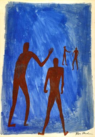 Four Figures on Blue Background