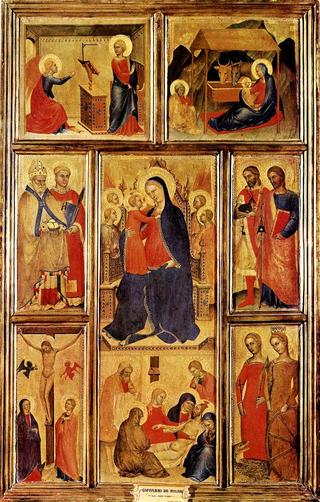 The Virgin and Child enthroned, with angels, saints and evangelical scenes