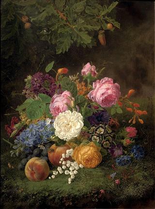 A colorful bouquet of flowers and various fruits on a forest floor