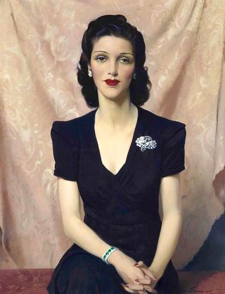 Portrait of Mrs Francine Clore née Halphen, in a black dress, wearing a diamond and emerald bracelet