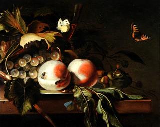 A Still Life of Fruit, Grapes and Foliage, with Flies and Butterflies