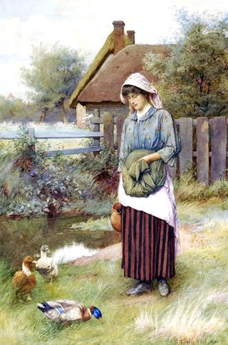 Girl standing beside a stream, ducks in the foreground