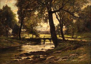 Landscape with a bridge over a wooded stream