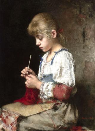 A Young Girl Crocheting