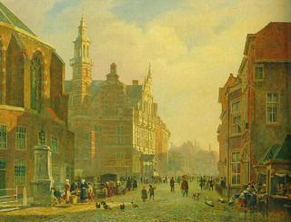 A view of the townhall, The Hague, with numerous figures in a street