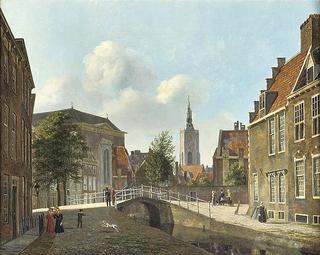 Daily activities along the Paviljoensgracht with the St. Jacobskerk in the distance, The Hague