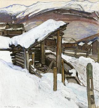 Village landscape in winter in the Valais