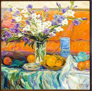 Still Life with White and Lilac Gladiolas