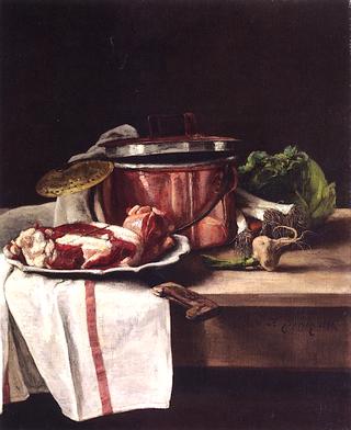 Still Life with Cabbage, Leeks, Garlic and Beef by a Copper Pot