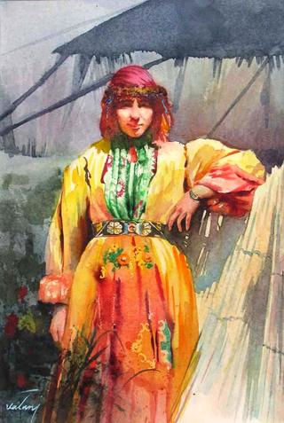 Girl in a Yellow and Orange Costume Leaning against a Short Wall