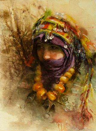 Bust of a Woman Wearing a Purple Hijab