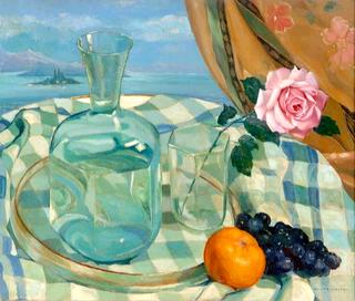 Nature morte au carafon, aux fruits et à la rose