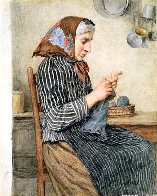 Farm Woman Knitting in the Kitchen