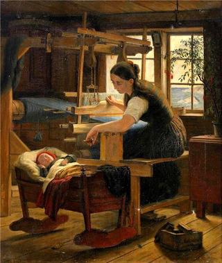 Cottage Interior With Woman At The Cradle