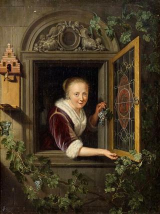 A Girl in a Window with a Bunch of Grapes