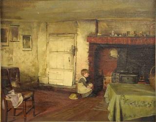 Victorian cottage interior with a child gazing at a kitchen stove