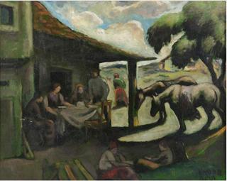 Outdoor scene with figures outside a building with horses