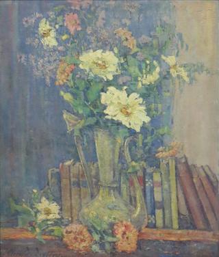 Still Life with Flowers and Books on a Shelf
