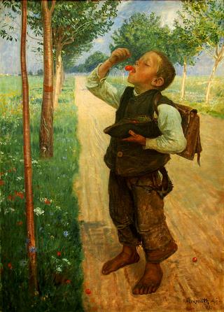 Boy Eating Cherries on the Road