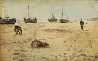 Coastal scene with fishing boats on the beach of Friesland