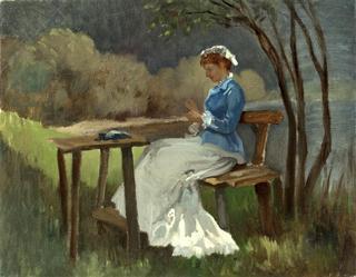 Sitzende Dame mit Handarbeit unter Baum am See