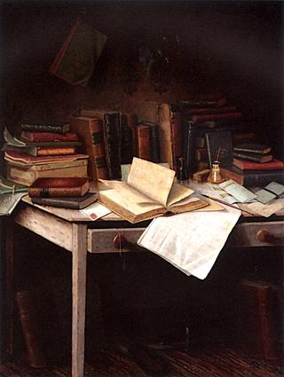 Still Life of Books, Brush, Inkwell and a Pen on a Table