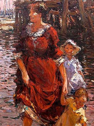 Mother and Daughters Wading