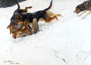 Hunting dogs and fox in winter landscape