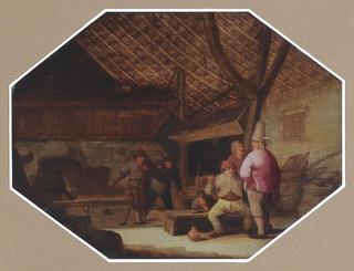 A barn interior with peasants conversing and playing ball