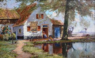 Cottage with Figures and a Pond