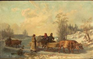 Winter scene with sleds on ice pulled by oxen