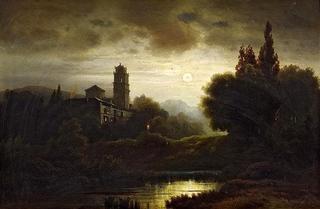 Romantic Landscape under a Full Moon