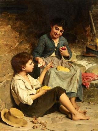 Two children with bread and apples at the break