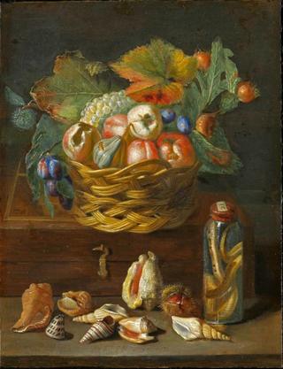 A Still Life of Fruit in a wicker Basket with a Snake preserved in a Jar, Shells and a Chestnut