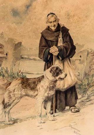 Elderly Italian Friar with a St. Bernard