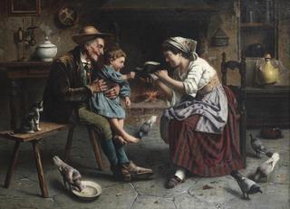 Feeding the Pigeons in a Cottage Interior